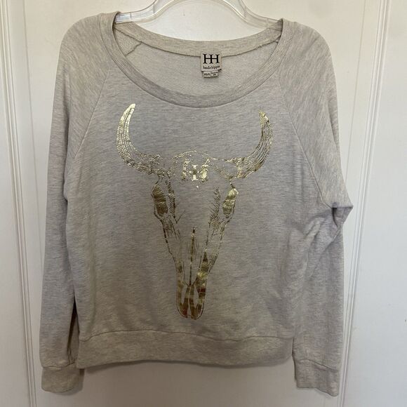 Haute Hippie Pullover Sweatshirt Longhorn Cow Skull Oatmeal Cream/Gold Size XS/S - Picture 9 of 9